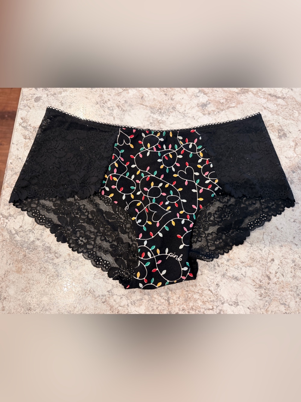 VS PINK Holiday Panty Lace Hiphugger Large NWT Christmas Lights